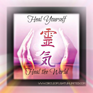 image of reiki kanji between two hands and text: heal yourself, heal the world